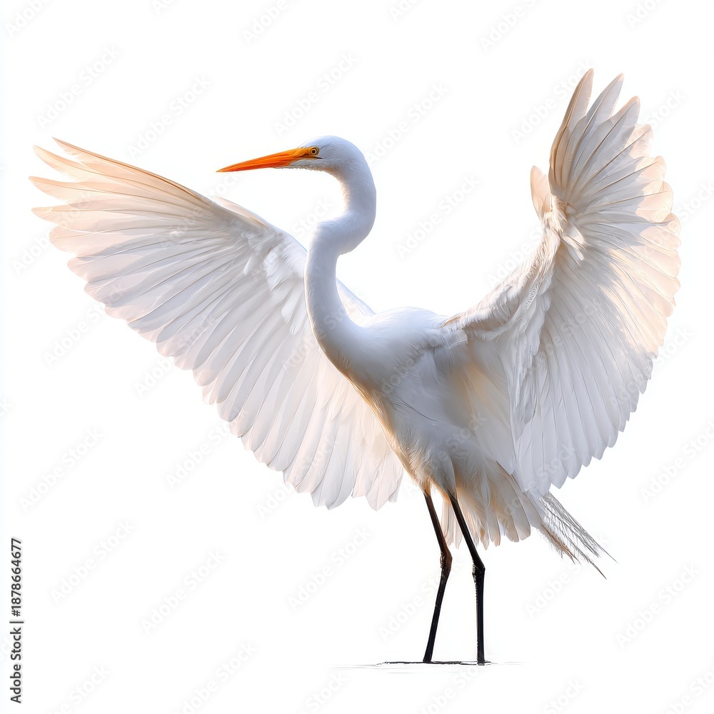 Fototapeta premium Elegant White Egret Bird Spreading Its Wings in Soft Golden Sunlight Against a White Background