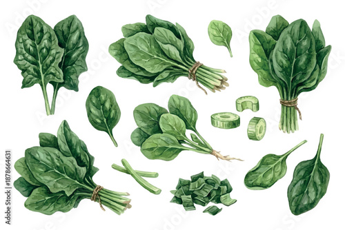 Watercolor Spinach Illustration on set white background
