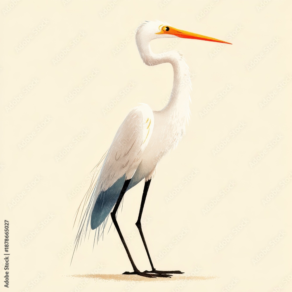 Obraz premium Great Egret Bird Standing Gracefully on Sandy Shore with Soft Pastel Yellow Background