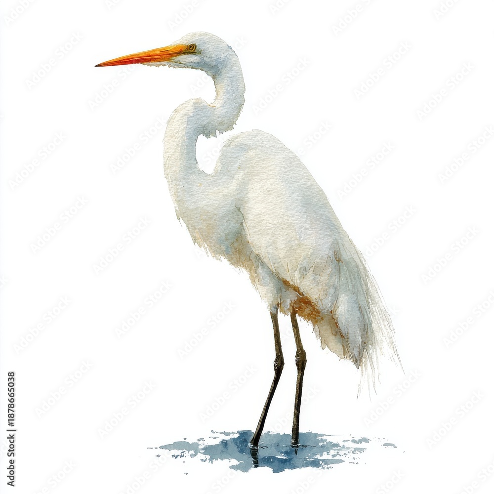 Fototapeta premium Great Egret Bird Standing in Shallow Water Against White Background Detailed Texture Close Up