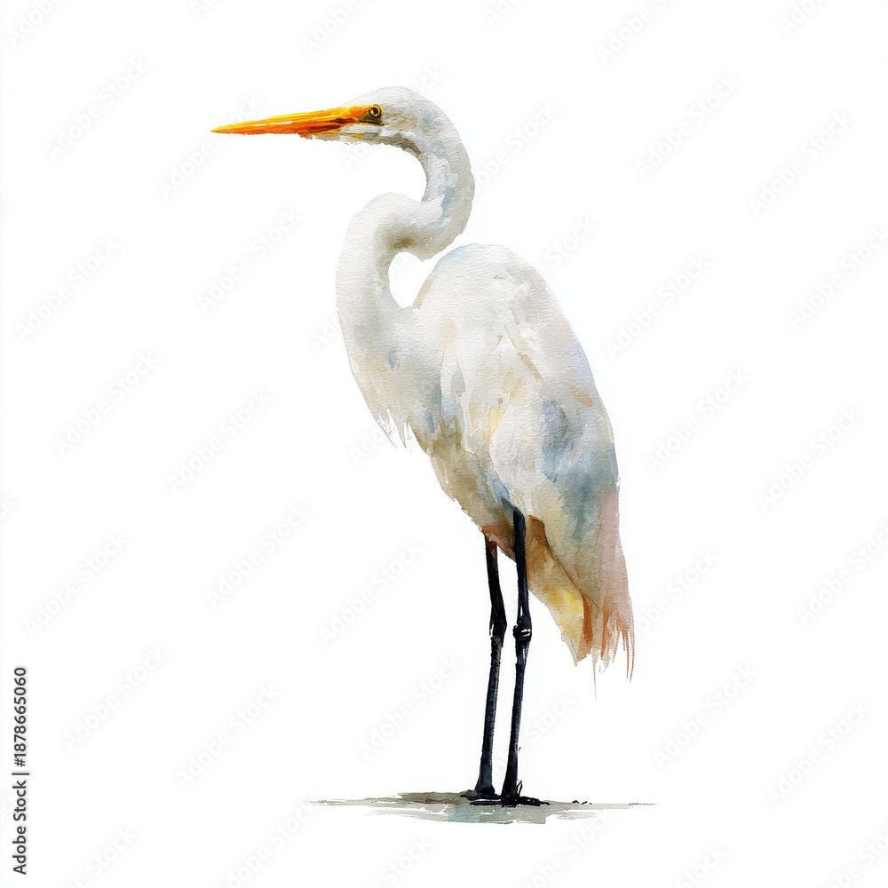Fototapeta premium Great Egret Bird Standing Isolated White Background Detailed Feather Texture