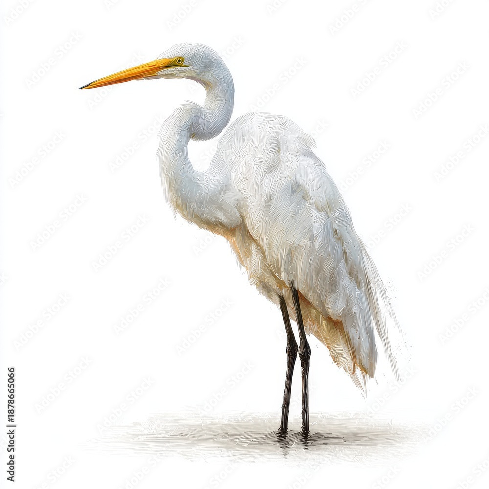 Fototapeta premium Great Egret Bird Standing On White Background With Yellow Beak And Black Legs