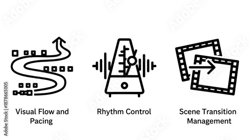 Video editing and film production icons for managing visual flow, pacing, rhythm control, and scene transitions.