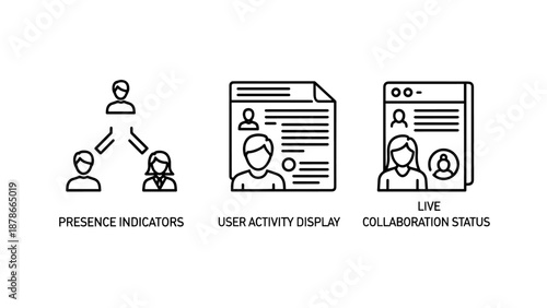 Remote work and communication icons for presence indicators, user activity display, and live collaboration status in a digital workspace.