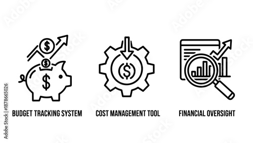 Financial management icons for budget tracking, cost control tools, and financial oversight with analytics and savings concepts.