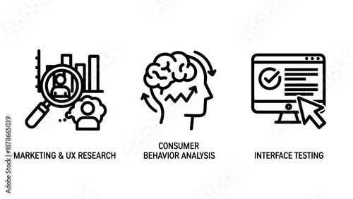 User experience and marketing research icons for consumer behavior analysis and interface testing procedures.