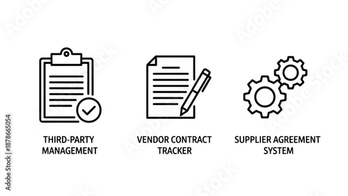 Business icons for third-party management, vendor contract tracking, and supplier agreement systems for supply chain efficiency.