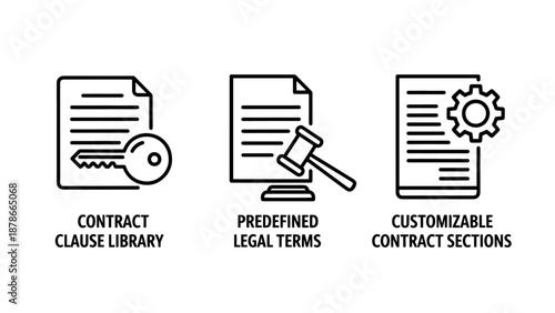 Legal document preparation icons for contract clause libraries, predefined terms, and customizable contract sections.