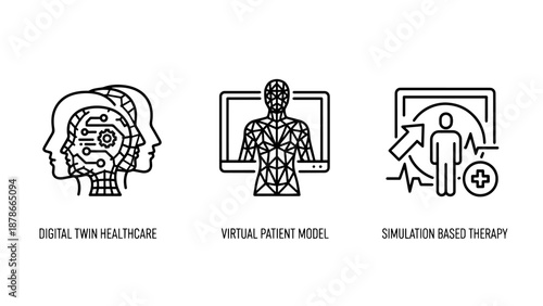Digital health icons for virtual patient models, digital twin technology in medicine, and simulation based therapy.