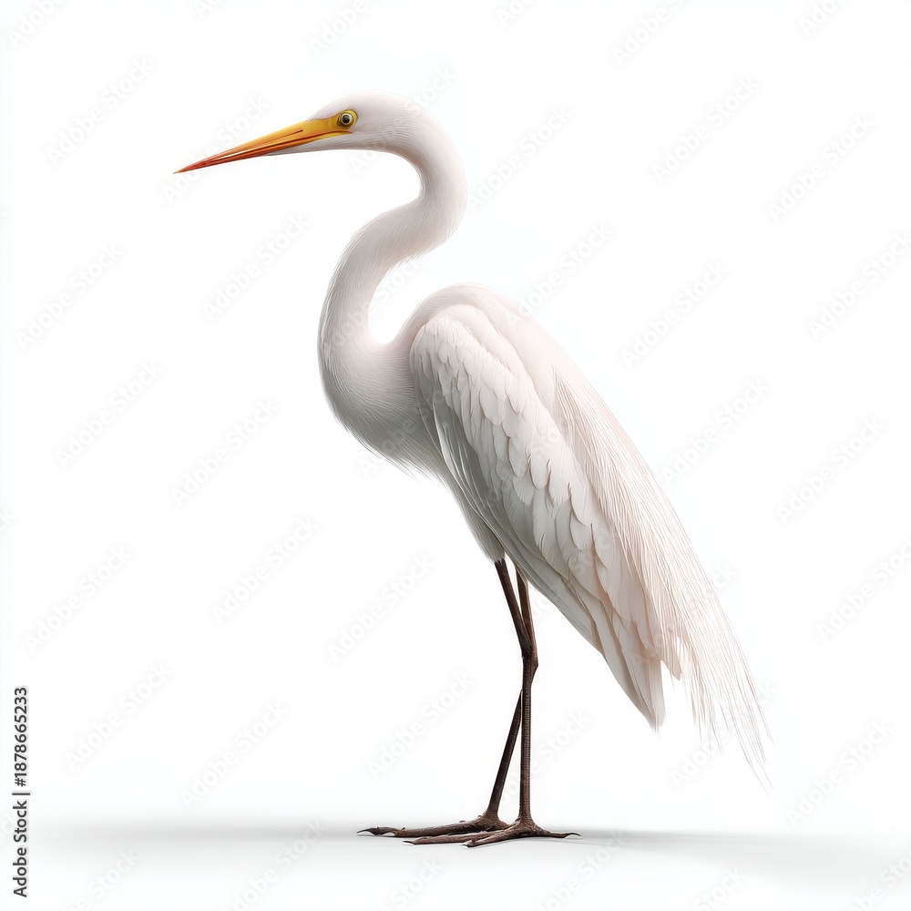 Fototapeta premium Great Egret Standing Still With White Background And Shadow