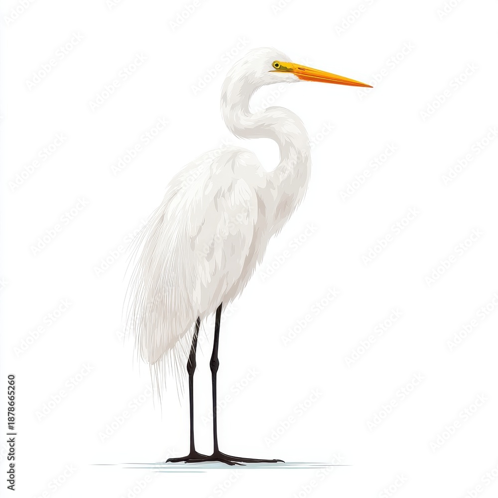 Fototapeta premium Great Egret Standing Tall in Shallow Water Against White Background Detailed Feathers Orange Beak