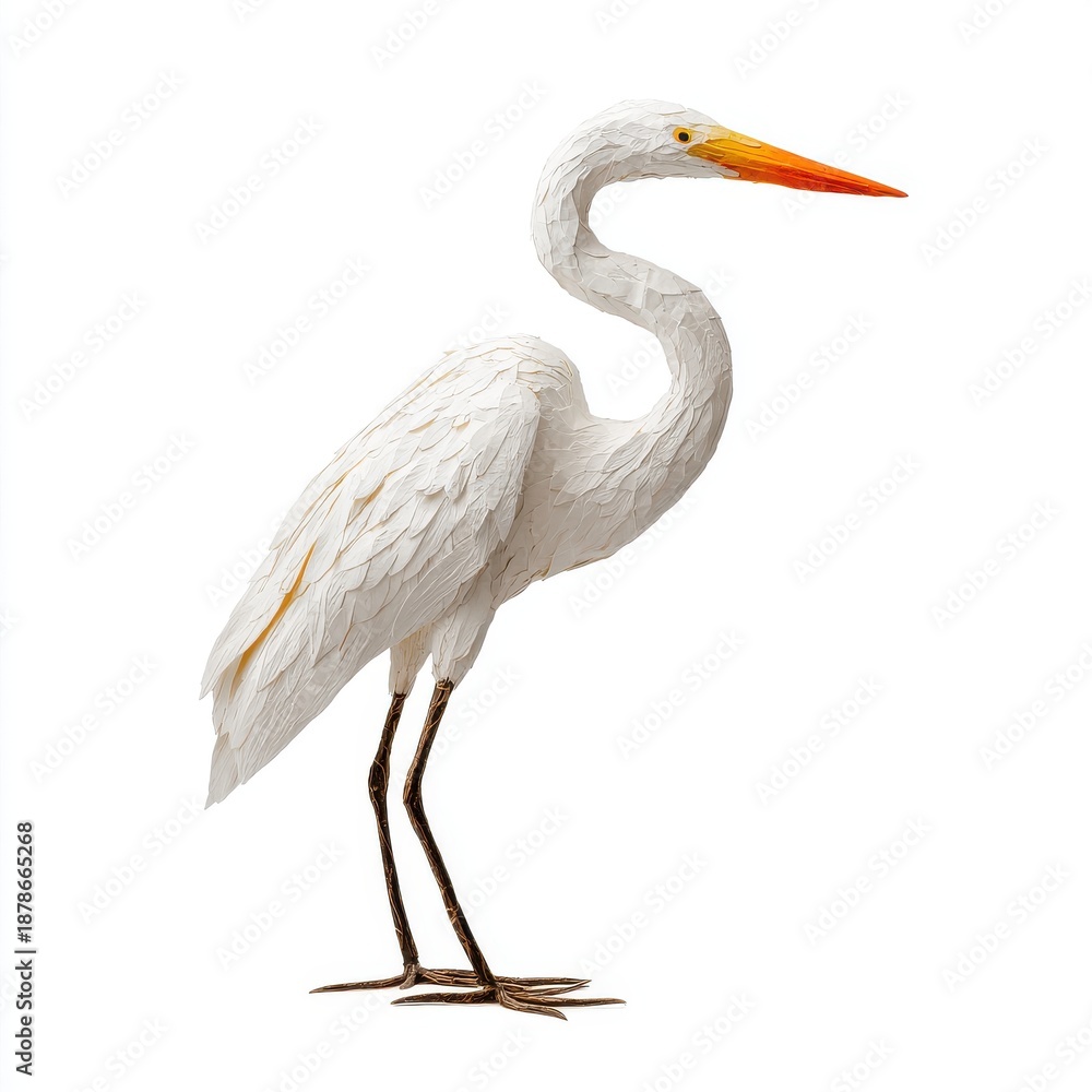 Fototapeta premium Great Egret Standing Tall With White Plumage And Orange Beak Against A Clean White Background