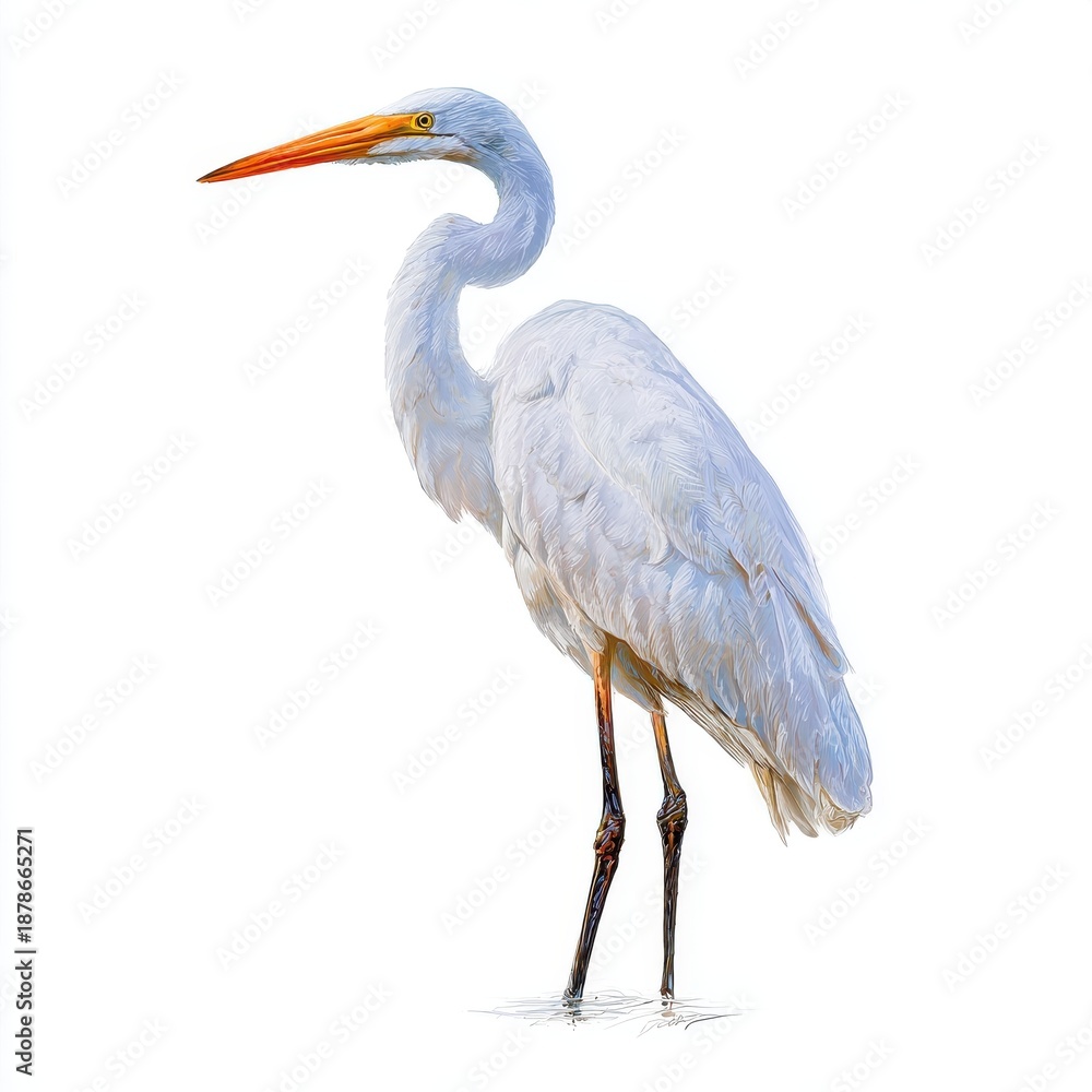 Obraz premium Great Egret Standing Tall With White Plumage And Orange Beak Against A White Background