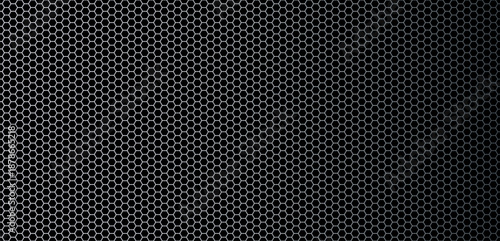 Dark metal hexagon grid pattern background. Seamless vector illustration of black perforated metallic mesh sheet with hexagonal holes for industrial and technology design.