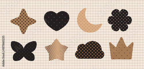 Paper collage shapes set with handcrafted texture. Vector collection of ripped scrapbook elements including moon heart and stars on grid background for modern creative design.