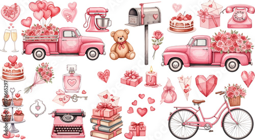 Whimsical valentine s day illustration with pink trucks cakes and gifts