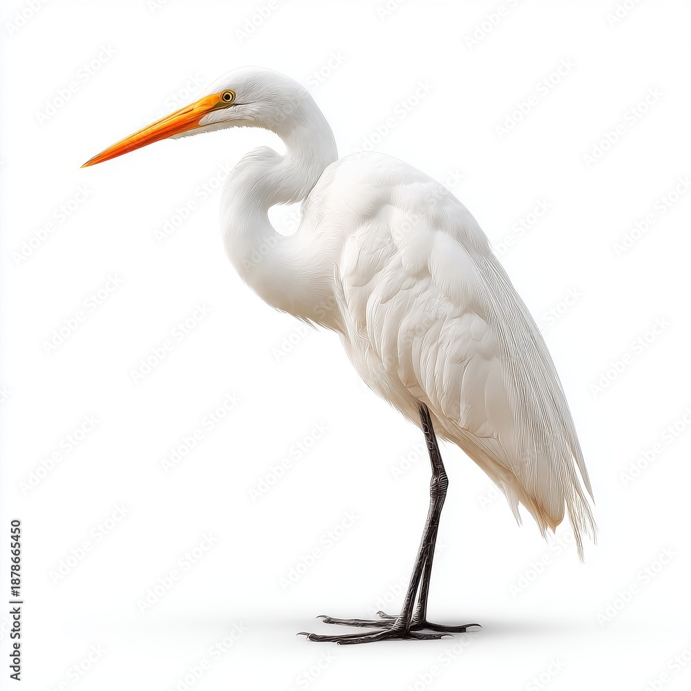 Fototapeta premium Majestic White Great Egret Bird with Orange Beak Stands Proudly Isolated on White Studio Background