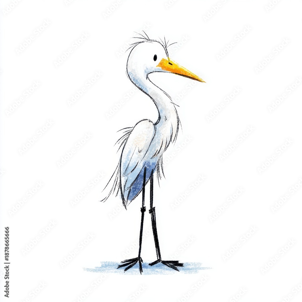 Obraz premium Whimsical White Egret Bird Standing Tall With Bright Yellow Beak Against White Background