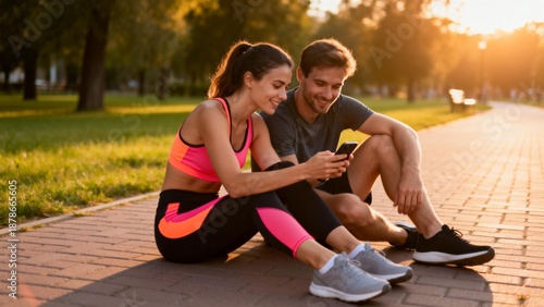 Couple in sportswear resting on path