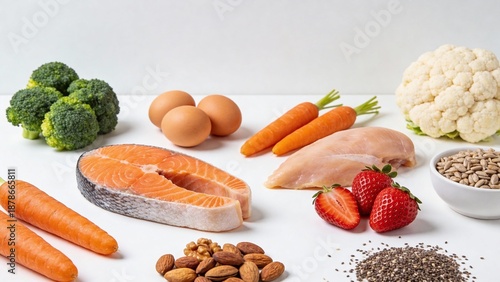 Healthy food ingredients on white surface