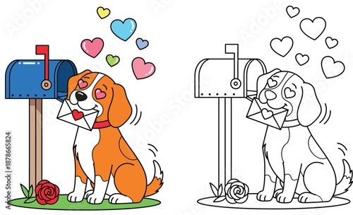 Adorable cartoon beagle dog next to a mailbox clutching a love note Valentine's Day mascot figure