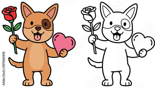 Adorable cartoon puppy dog clutching a heart and red rose Valentine's Day mascot figure