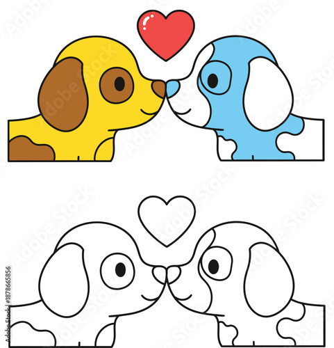 Adorable cartoon dogs sharing a heart-shaped kiss The Valentine's Day mascot is a vector art set of a puppy pair in love
