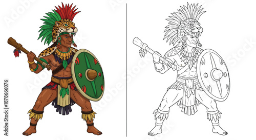 Aztec Warrior with Leopard Headdress and Spear Illustration Set with Color and Line Art Pair