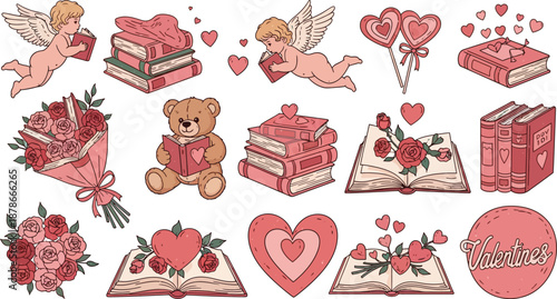 Valentine s day themed illustrations with cakes hearts and teddy bears