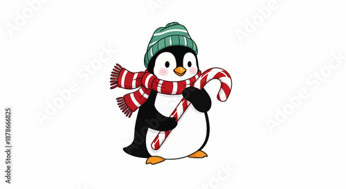 70 Adorable penguin wears green knit hat red striped scarf holding large candy cane on white background 150