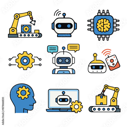 Artificial intelligence robot automation machine learning technology innovation gear brain computer engineering icons illustrate futuristic and creative concepts in modern style