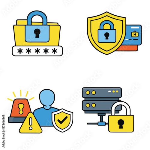 Password security shield credit card alert user protection server padlock and warning icon illustrate cybersecurity data protection and online safety concepts with vibrant colors