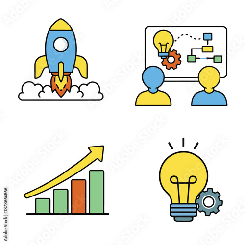 Startup concept innovation teamwork growth and creative idea illustrated with rocket light bulb chart and people icons expressing motivation and progress