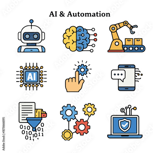 AI automation robot brain robotic arm microchip hand gear smartphone data filter gears laptop security technology innovation efficiency and digital transformation