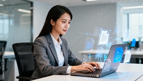 Woman working on laptop with digital documents