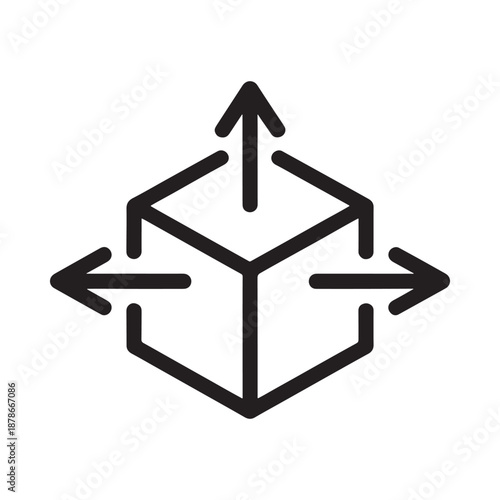 A black outline of a cube with arrows pointing in all directions