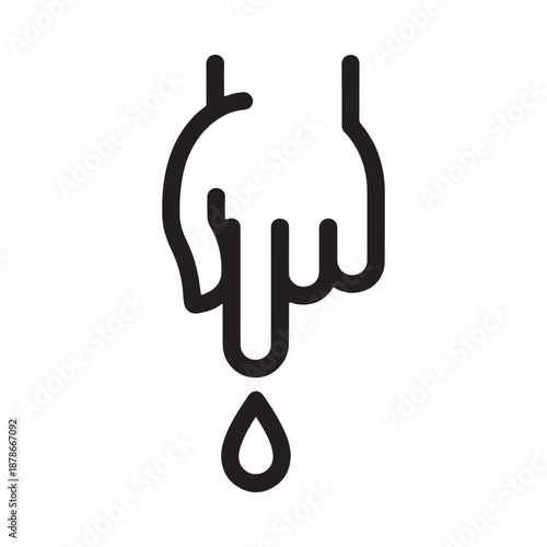 Simple black line drawing of a hand with a falling water droplet