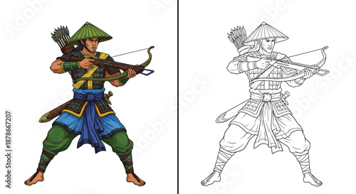 Samurai Archer in Action Pose with Quiver and Armor in Color and Line Art Comparison