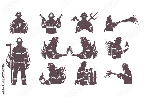 Firefighter Silhouette Vector Set with Firemen in Action Poses, Emergency Gear, and Fire Service Symbols