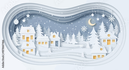 70 Snowy village scene at night with houses trees and stars in a winter wonderland landscape 150