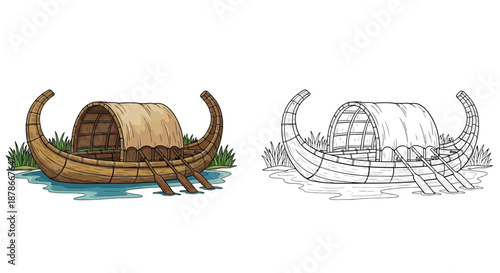 Wooden Viking Ship Coloring Book Page Featuring Pontoon Style Design and Line Art Detail