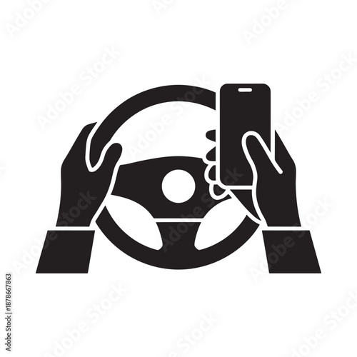 Hands on steering wheel while using a smartphone depicting distracted driving