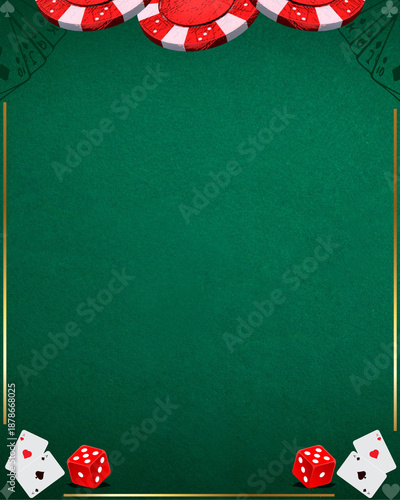Green poker table invitation template with red casino chips border playing cards and dice design with large blank copy space for texas hold em night party event details and rsvp text
