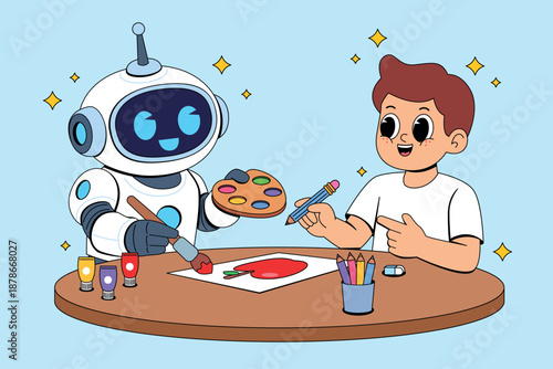 Creative Collaboration Ai Robot and Boy Painting