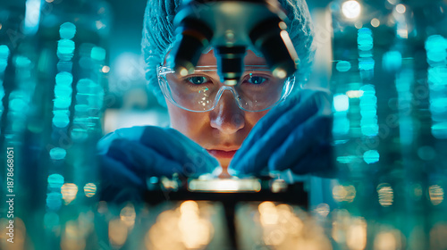 Female scientist working in a laboratory. She is using a microscope and looking at the camera.