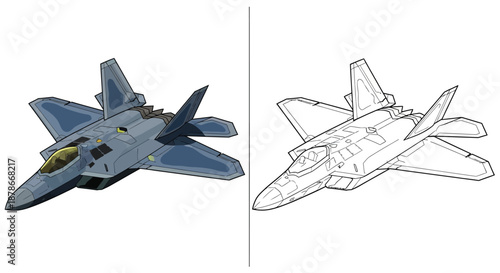 F 22 Raptor Stealth Jet Illustration Set with Vibrant Color and Artist Sketch Versions