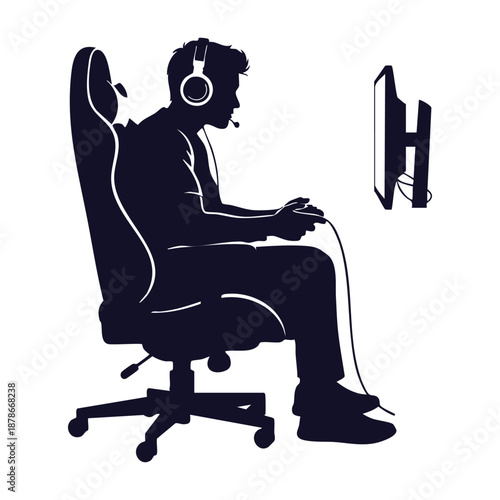 Gamer Man with Headphones and Controller Silhouette Vector Illustration