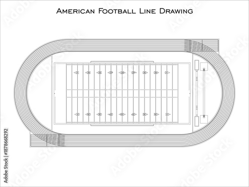 American Football Field and Running Track Top View Technical Drawing Blueprint