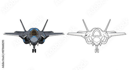 F 35 Lightning II Fighter Jet Illustration Featuring Line Drawing and Full Color Versions