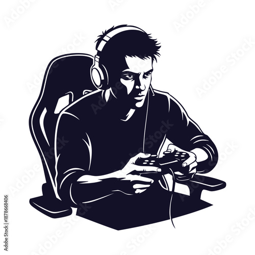 Gamer Man with Headphones and Controller Silhouette Vector Illustration
